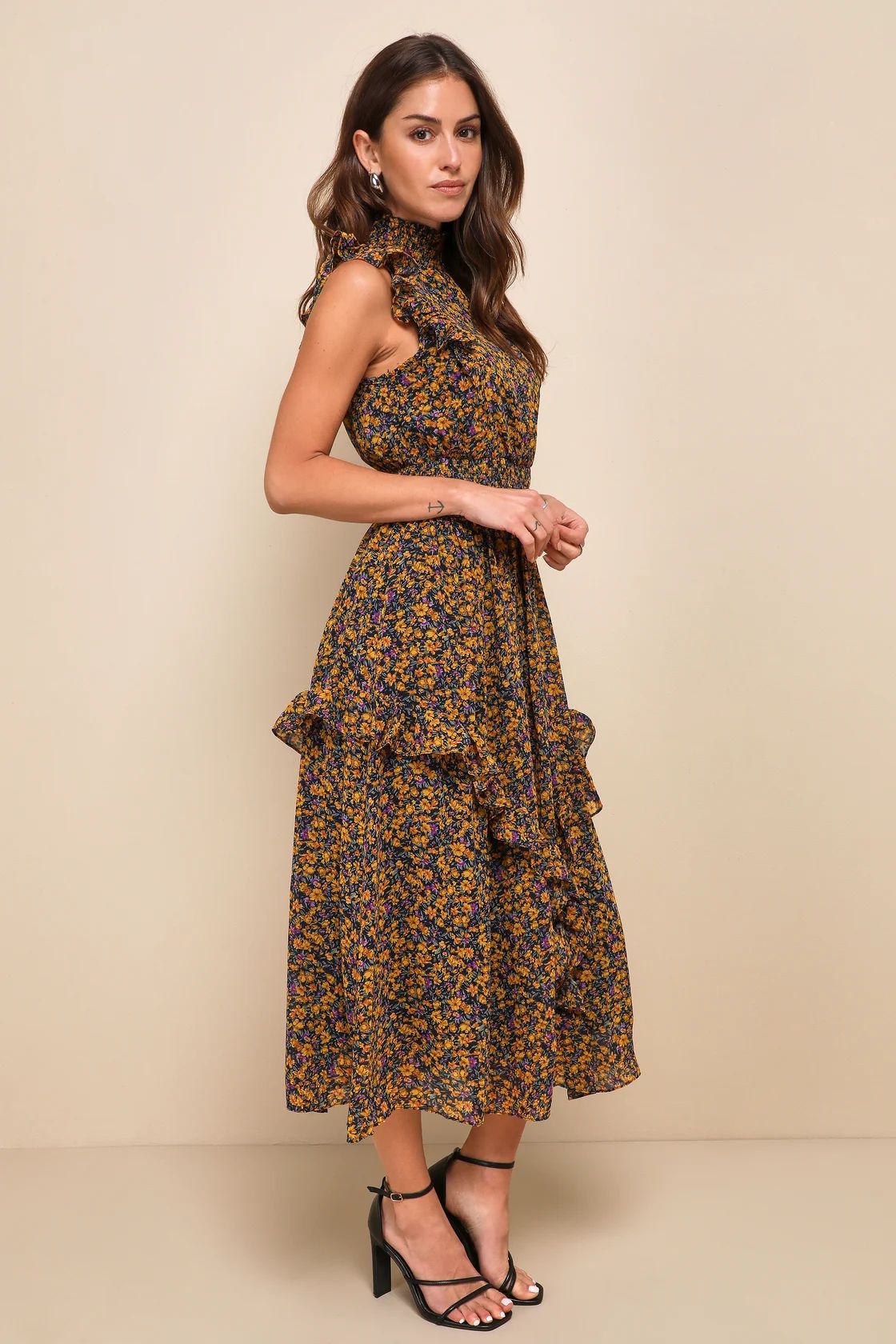 Evalina Mustard Yellow Floral Print Mock Neck Midi Dress | Lulus
