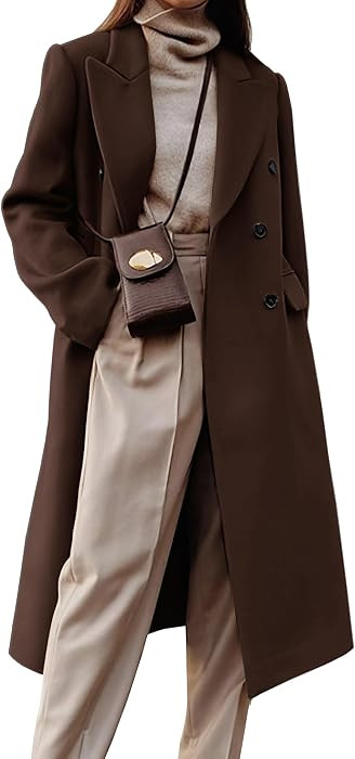 Womens Long Wool Coats Fall Winter Double Breasted Trench Coat Peacoat | Amazon (US)