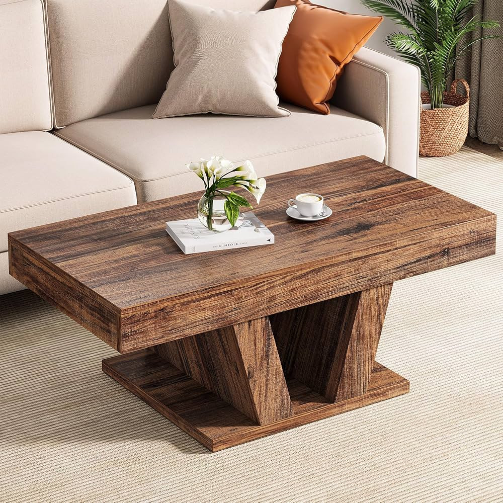 Farmhouse Coffee Table with 2 Hidden Drawers, 43 inch Wood Center Tea Table with Storage, Rectang... | Amazon (US)