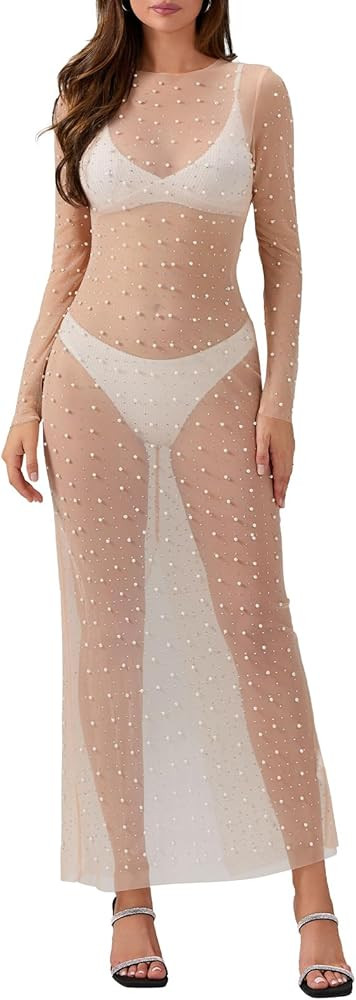Honganda Sexy Women's Sheer Mesh Pearl Rhinestone Cover Up Dress Beach Swimwear Bikini Bathing Su... | Amazon (US)