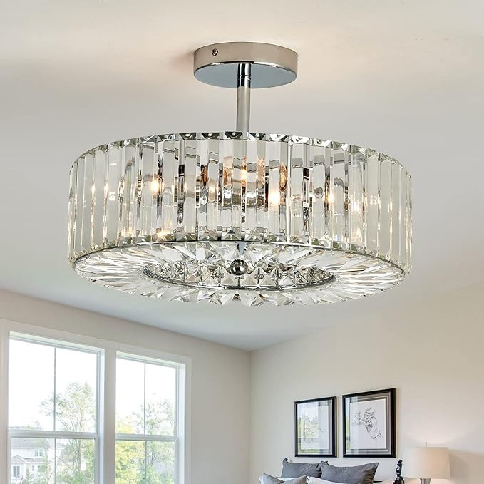 DAFKOS 4 Lights Modern Crystal Chandelier Chrome Round Semi Flush Mount Ceiling Light Fixture Far... | Amazon (US)