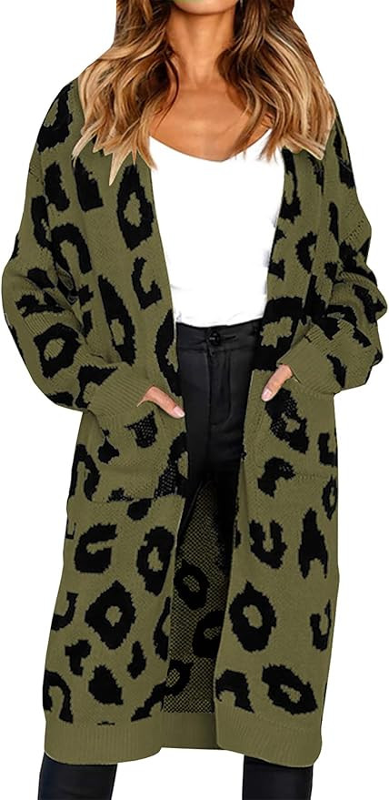 BTFBM Women Long Sleeve Open Front Leopard Knit Long Cardigan Casual Print Knitted Maxi Sweater C... | Amazon (US)