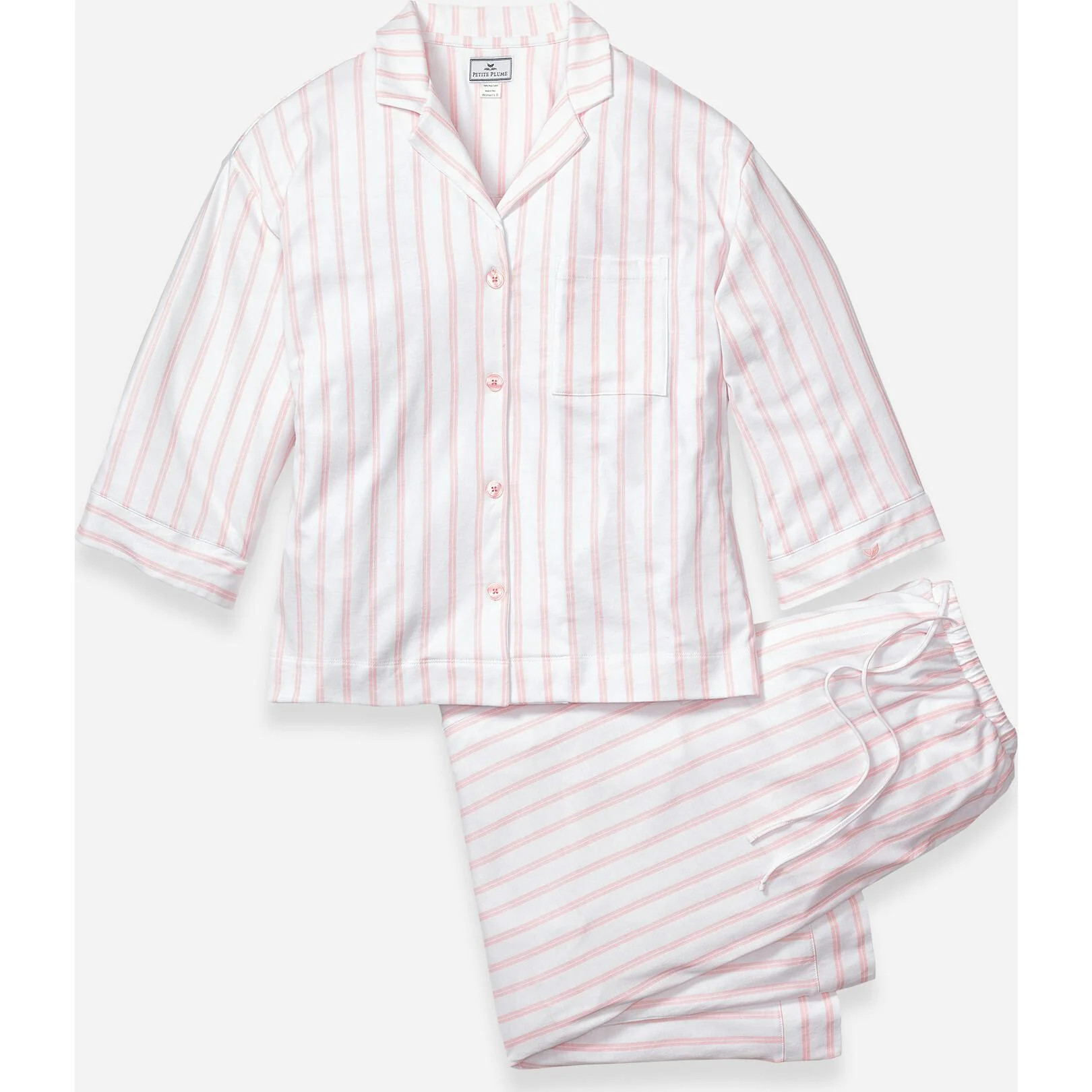 Petite Plume | The Olivia Wide Leg Pima Pajama Set in Stripe | Pink | Small | Cotton/Fabric | Adult | Women's Clothing | Maisonette | Maisonette