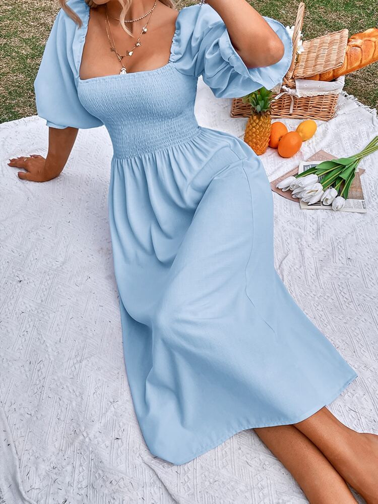 Flounce Sleeve Shirred A-line Dress | SHEIN