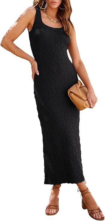 AlvaQ Women's 2024 Summer Tank Dress Casual Basic Sleeveless Sundress Textured Split Bodycon Long... | Amazon (US)