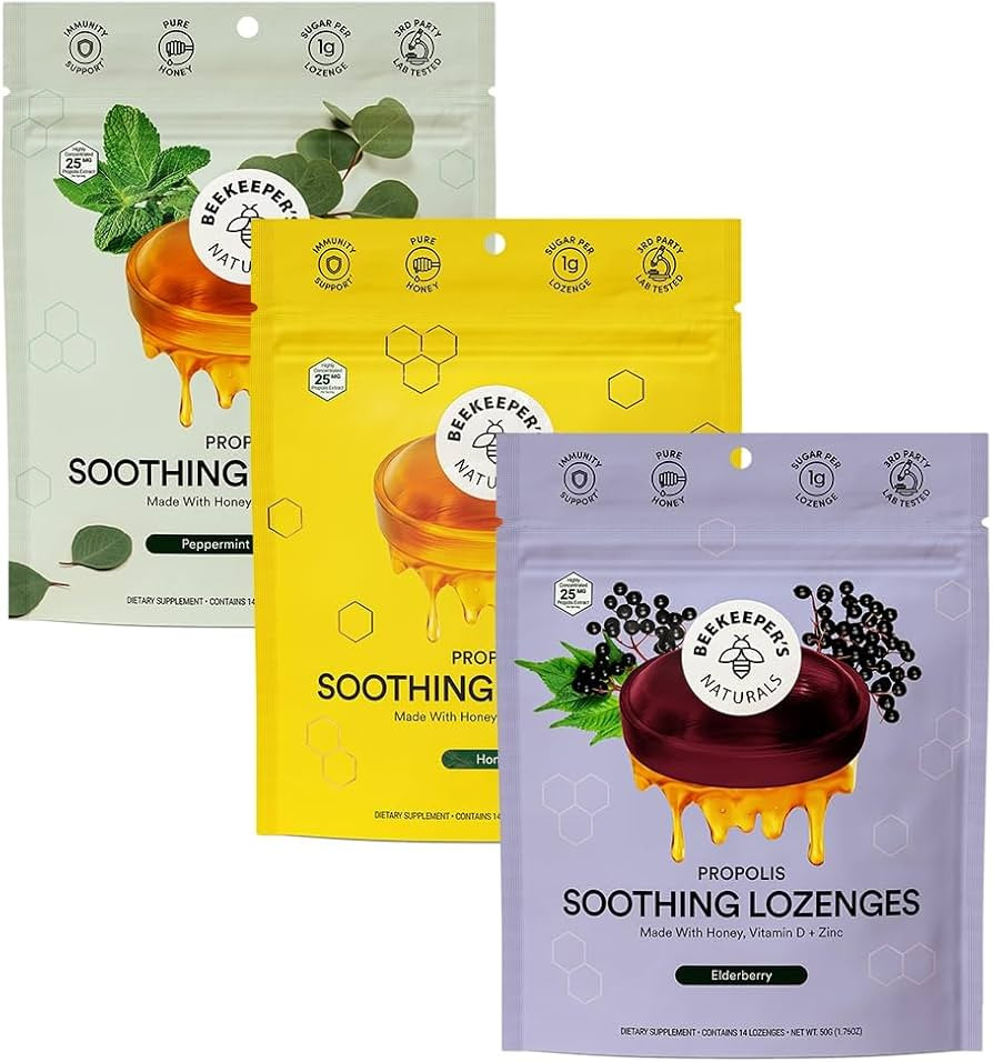 Beekeeper's Naturals Soothing Honey Cough Drops 3 Flavors Pack,Honey,Peppermint & Elderberry Sore... | Amazon (US)