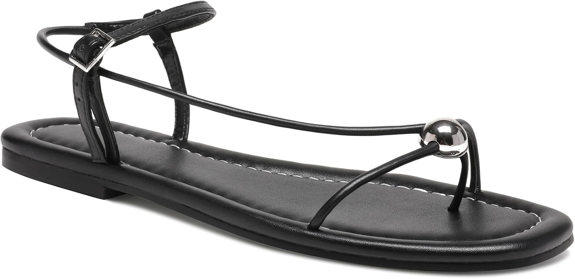 Black Flat Sandals for Women with Buckle Strappy Comfortable Silver Ball Square Open Toe Beach Th... | Amazon (US)