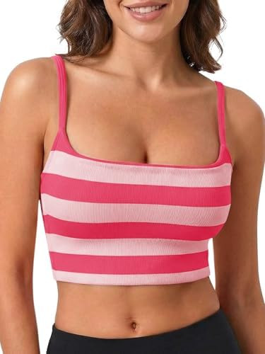 Aoysky Womens Striped Square Neck Sports Bra Ribbed Workout Yoga Camisole | Spaghetti Straps, Rib... | Amazon (US)