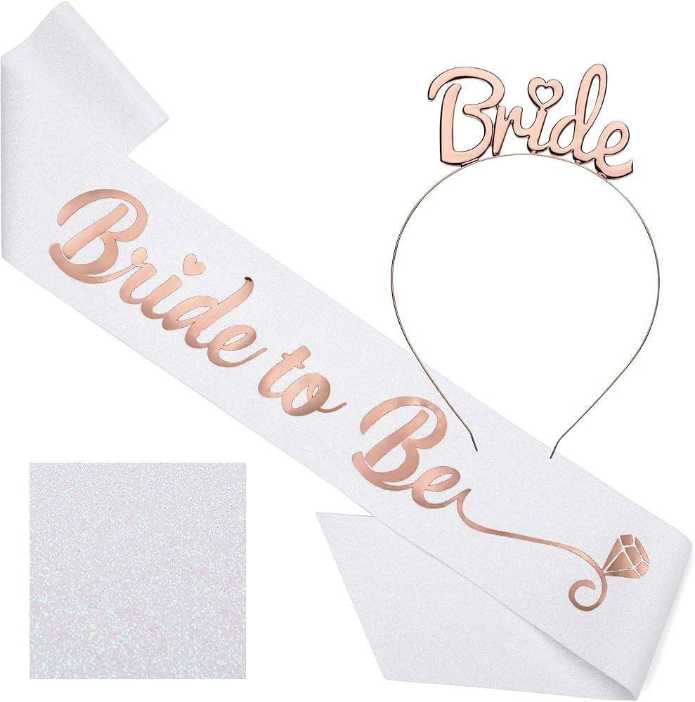 CORRURE 'Bride to Be' Sash and Tiara - Bridal Shower White Glitter Sash with Rose Gold Foil - Bac... | Amazon (US)