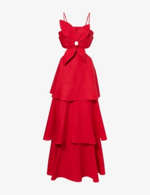 FARM RIO - Flower-Appliqué Ruffled Linen-Blend Maxi Dress | Selfridges.com | Selfridges