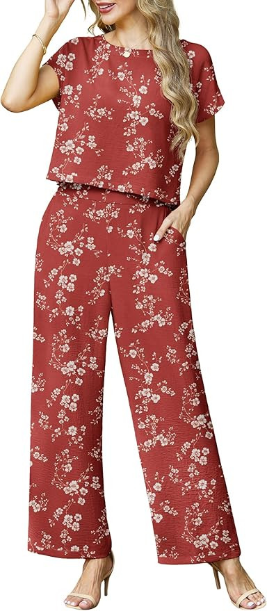 Lepunuo 2 Piece Sets for Women Summer Cap Sleeve Crop Top Wide Leg Pants Matching Lounge Set Vaca... | Amazon (US)