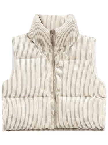 LINKFU Cropped Puffer Vest Women with Pockets Short Corduroy Vest Sleeveless Stand Collar Padded Puffy Outerwear Beige | Amazon (US)