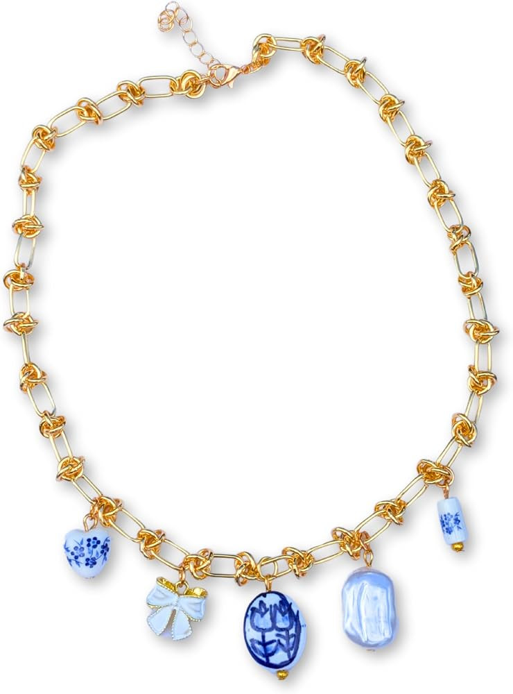 Vintage Chinoiserie Charm Necklace, Gold Plated Paperclip Chain, Blue and White Ceramic Charms, 1... | Amazon (US)