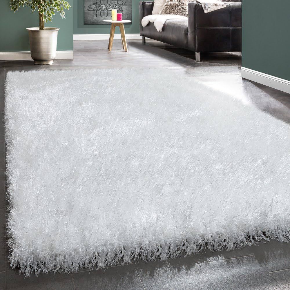 Paco Home Shag Rug High Pile in White for Bedroom & Living Room Fluffy Glossy Pastel Yarn, Size: ... | Amazon (US)