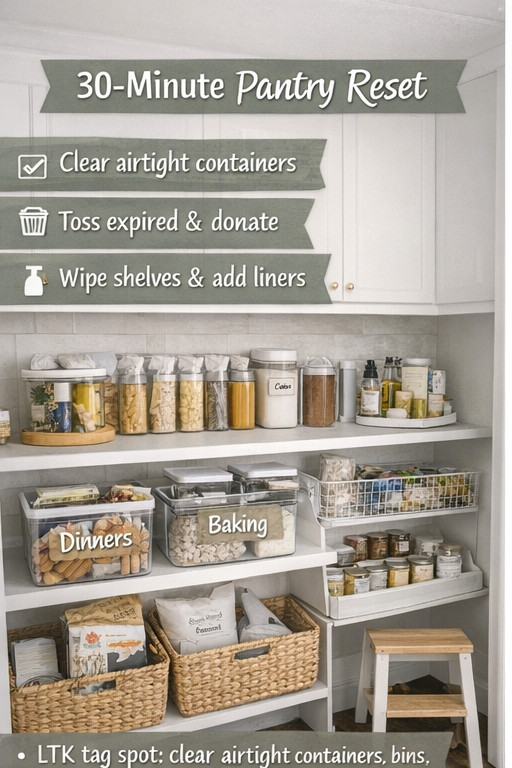 Pantry reset time 🥫✨ If your pantry has turned into a “shove it and close the door” situation… same. I did a quick reset + set up simple zones and now everything is easier to find (and way easier to keep clean).


My simple pantry system:
✅ Pull everything out (yes, all of it)
✅ Toss expired + donate extras
✅ Wipe shelves + add liners
✅ Create zones: snacks • breakfast • baking • dinners • canned goods • grab & go • backstock
✅ Decant what you use daily (cereal, flour, sugar, pasta, nuts)
✅ Label EVERYTHING so it stays this way 🙌

Pro tip: keep one bin for “Use This First” + one for “School Snacks/Grab & Go” and you’ll feel like a new person.

#pantryorganization #pantryreset #homeorganization #kitchenorganization #organizationhacks #momlife #ltkhome #ltkit #pantrygoals #cleanhome 

 #LTKfoodie #LTKHome #LTKKids