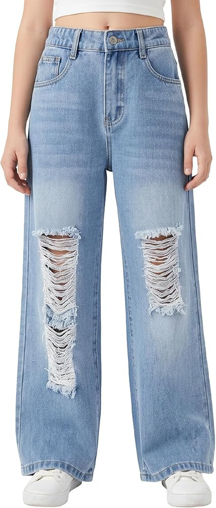 PATPAT Baggy Girls Jeans Wide Leg Denim Pants Ripped High Waist Elastic Y2K Trendy Jeans for Teen... | Amazon (US)