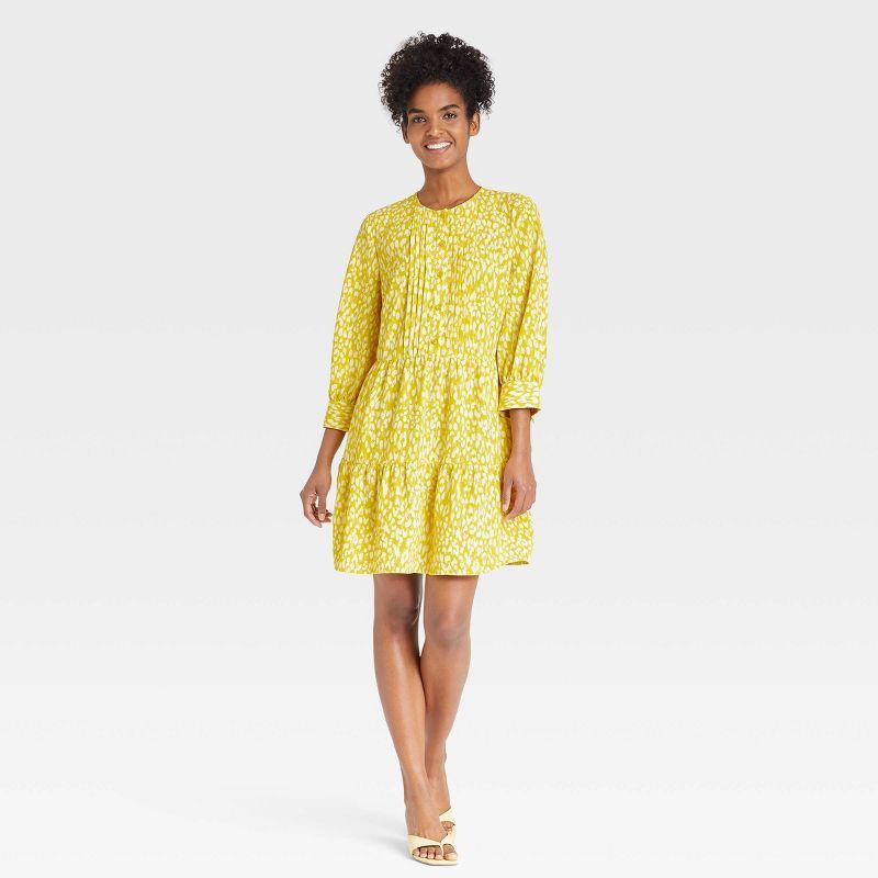 Women&#39;s Bishop 3/4 Sleeve Dress - Who What Wear&#8482; Yellow Leopard Print M | Target