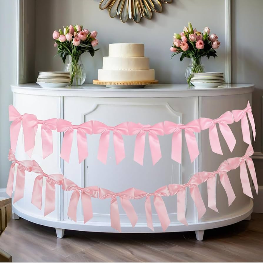 2Pcs Pink Bow Garland Banner for Coquette Birthday Bachelorette Party Decorations, 5.4FT Satin Bo... | Amazon (US)