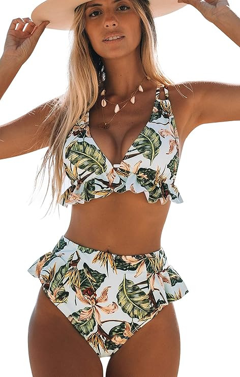 SPORLIKE Women High Waisted Swimsuit Ruffle V Neck Bikini Two Pieces Swimwear | Amazon (US)