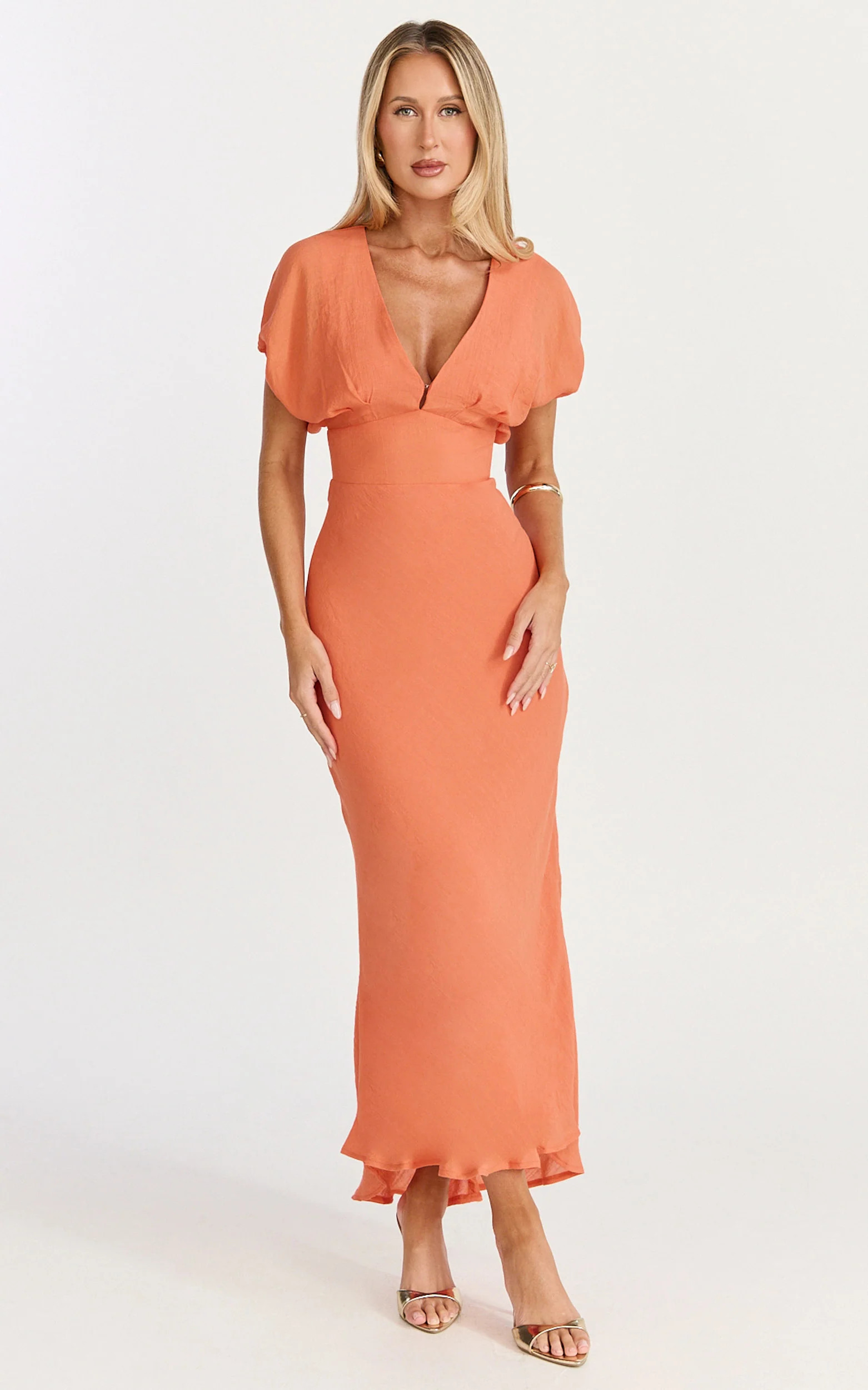 Desiree Midi Dress - V Neck Flutter Short Sleeve Slip Dress in Orange | Showpo (US, UK & Europe)
