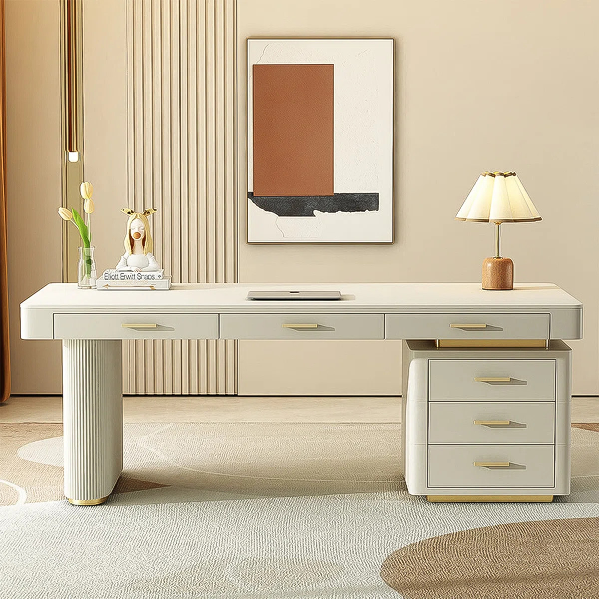 Modern Minimalist Cream Style Rectangular Sintered Stone Office Desk | Wayfair North America