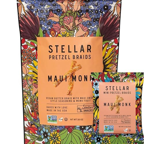 Stellar Snacks Pretzel Braids - Regular Big Bag & Mini Pretzel Braids Combo - Regular & Mini Maui Monk Vegan Pretzels, Large Resealable Bag 16 Oz Bundled with Mini Pretzel Airline Size Sampler, Vegan, Non-GMO, Gourmet Pretzel Sticks, Braids, Rods, Twists | Amazon (US)