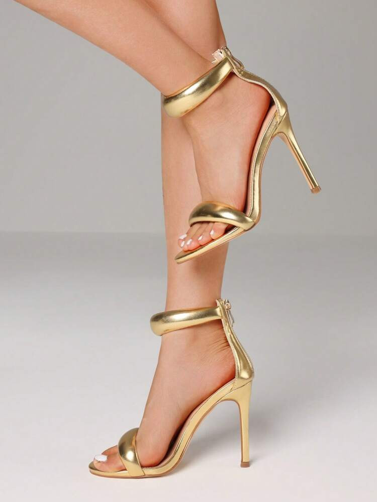 Women's Open Toe Glod Stiletto Party Prom Sandals Strap Ankle Back Zip High Heel Dress Sandals | SHEIN