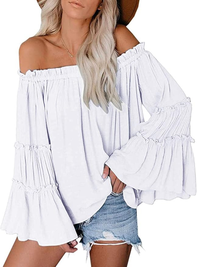 Womens Off The Shoulder Long Bell Sleeve Tops Flared Casual Loose Blouse | Amazon (US)