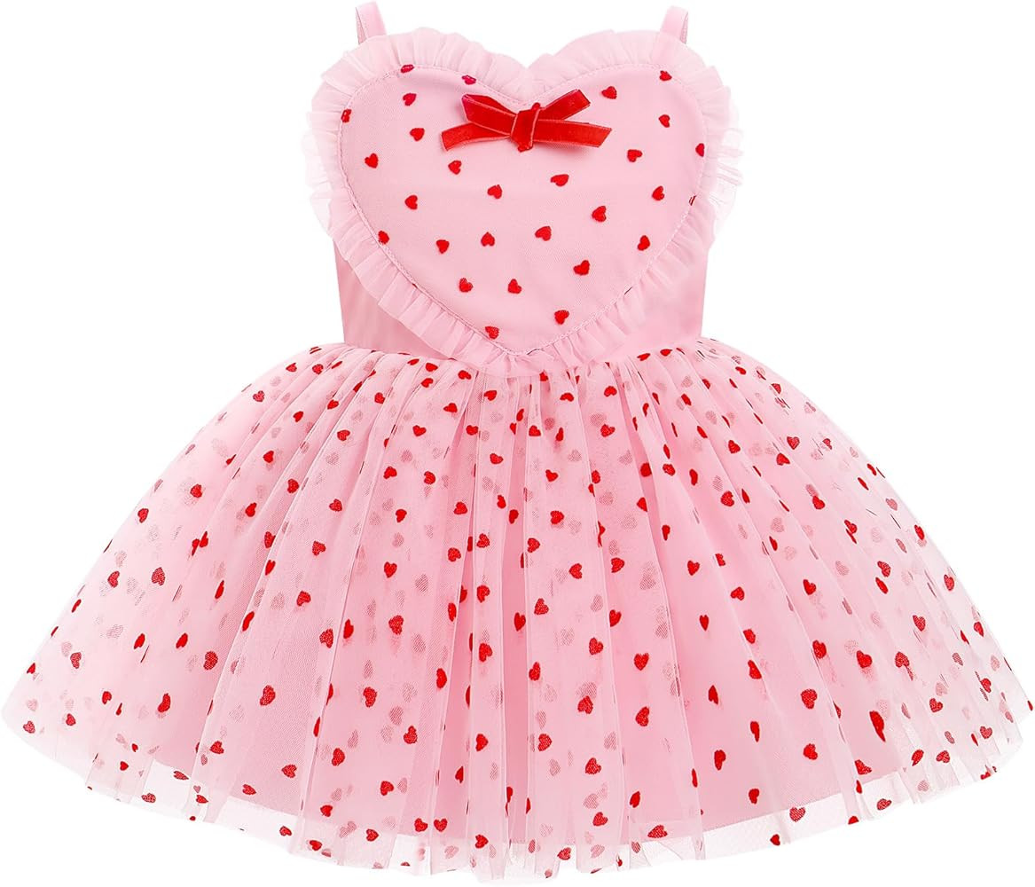 AWIBMK Baby Girls Valentines Dress Spaghetti Strap Love Heart Polka Dots Tutu Tulle Dress Birthda... | Amazon (US)