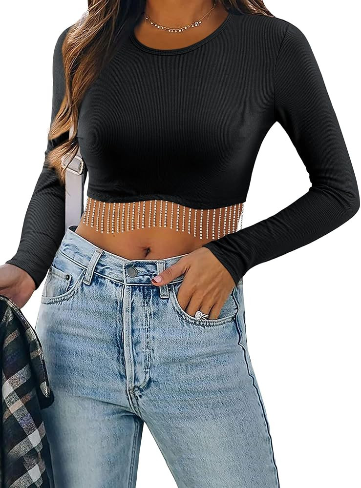 Womens Nashville Sparkly Glitter Fringe Short Sleeve Cropped Top Raceback Ribbed Crop Tank Tops w... | Amazon (US)