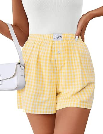 Lomon Womens Boxer Shorts Casual Summer Pajama Lounge Sleep Pj Gingham Plaid Shorts Y2K Beach Bot... | Amazon (US)