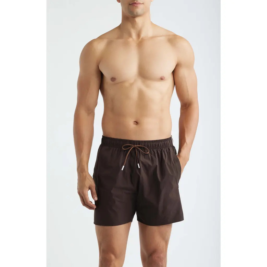 BOSS Iconic Side Stripe Swim Trunks in Dark Brown at Nordstrom, Size Xx-Large | Nordstrom