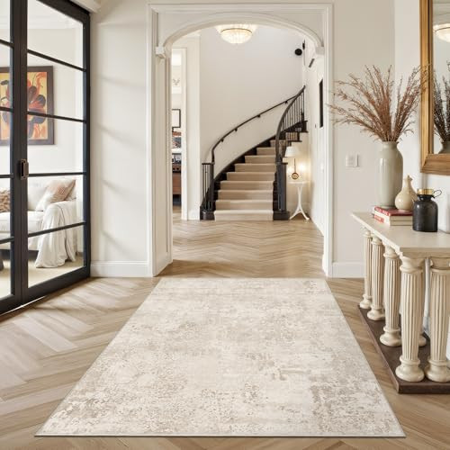 Art&Tuft Washable Rugs 3x5, Anti-Slip Backing Abstract 3x5 Rug, Stain Resistant Rugs for Living Room, Foldable Machine Washable Area Rug (3'x5', Beige) | Amazon (US)