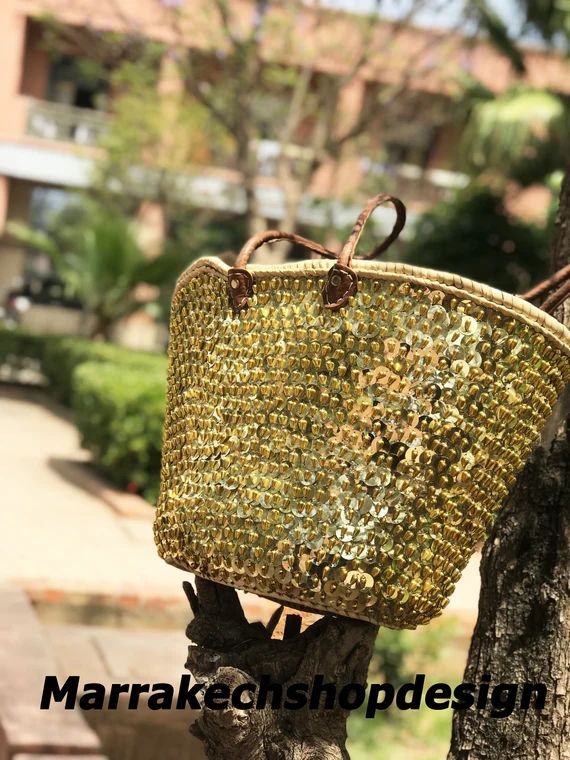 Rare &unique basket,Beach towels,beach cover up ,Sequins gold French market basket,summer basket,... | Etsy (US)