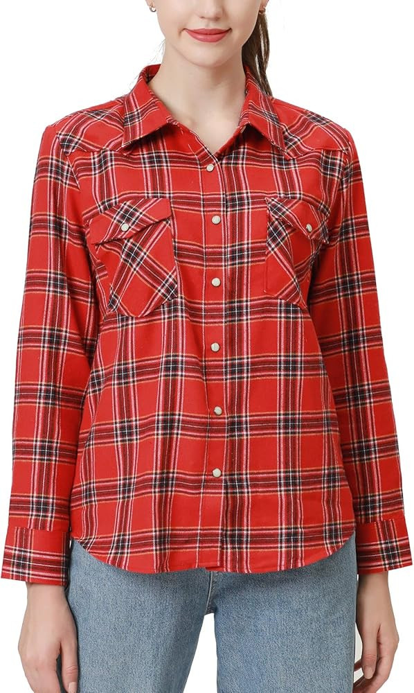 Snap Buttons Flannel Shirts for Women Long Sleeve Shirts for Women Plaid Women Shirts | Amazon (US)
