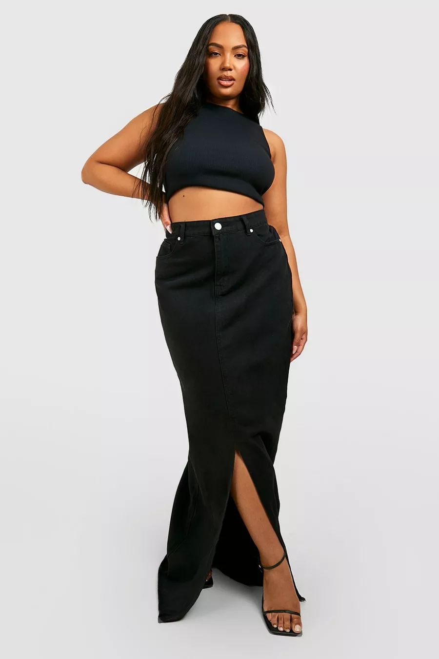 Plus Denim Split Front Maxi Skirt | Boohoo.com (US & CA)