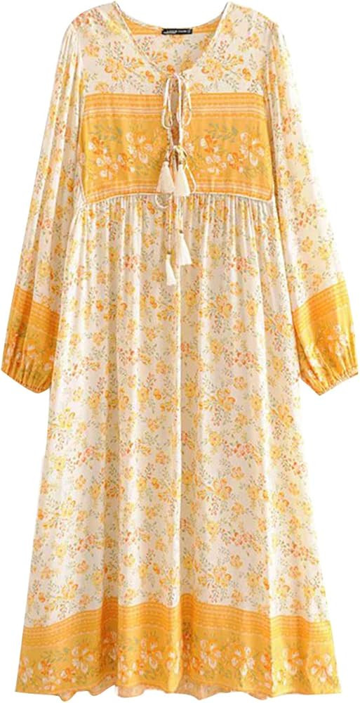 Boho Dresses for Women 3/4 Long Sleeve Floral Print Retro V Neck Tassel Bohemian Midi Dresses | Amazon (US)