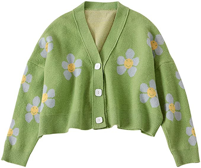 VLOJELRY Women's Flower Long Sleeve Open Front Short Cardigan Casual Loose V Neck Button Down Kni... | Amazon (US)