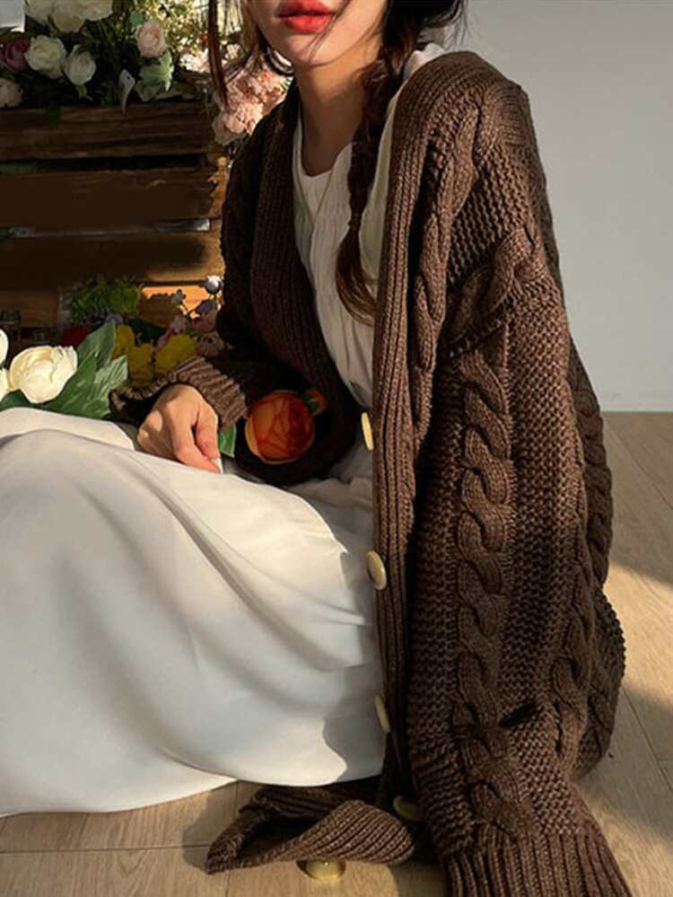 DAZY Cable Knit Dual Pockets Drop Shoulder Cardigan | SHEIN