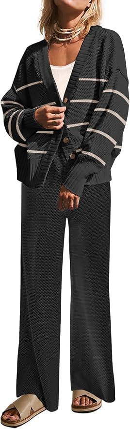 Womens Two Piece Outfits Sweater Sets Open Front Knit Cardigan and Wide Leg Pants Sweatsuit Loung... | Amazon (US)