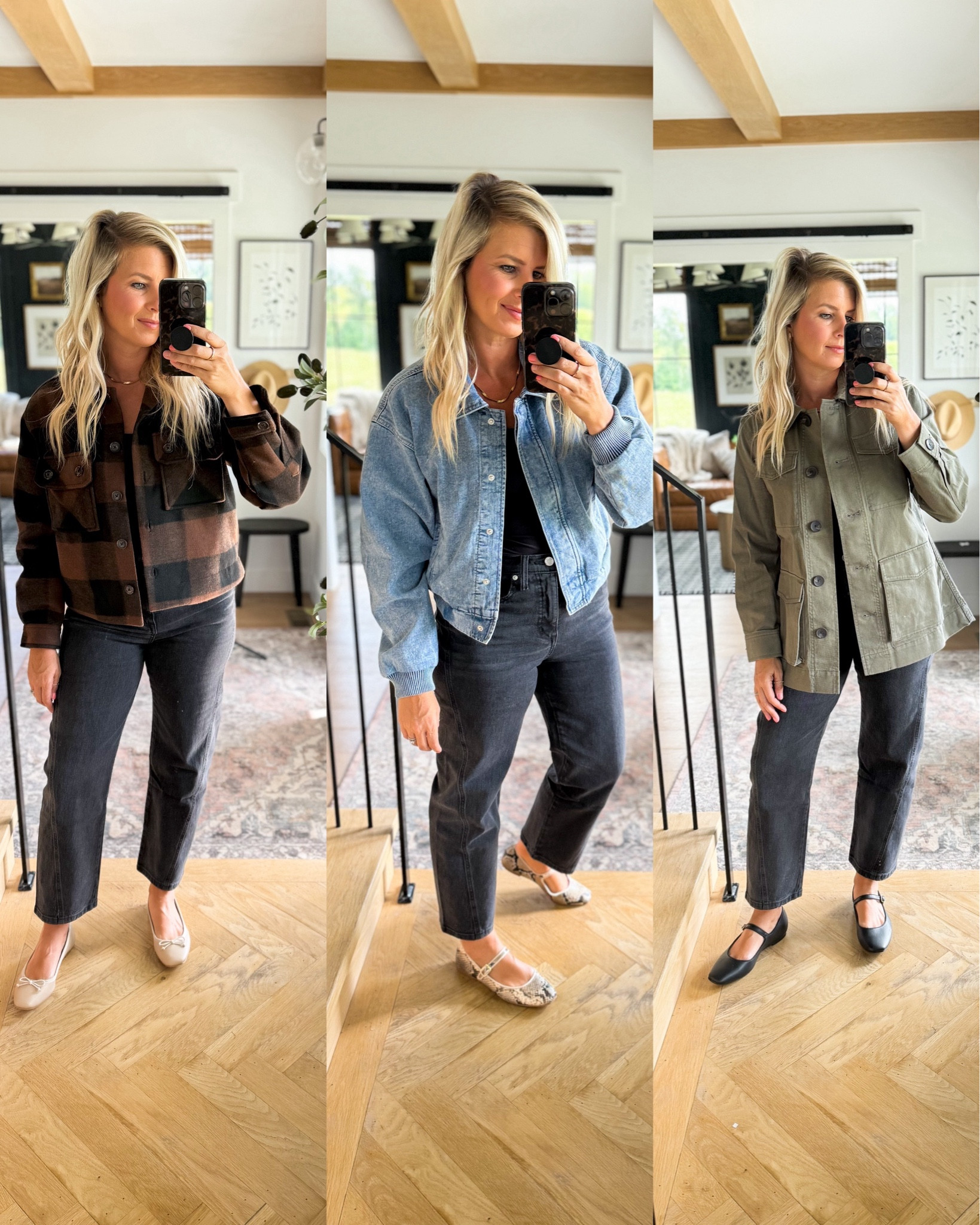 Ok Walmart, we see you!! 😍✨New fall arrivals and they will have a high-sell out risk! @walmartfashion

3 amazing transition jackets from summer, to fall, to winter!!
—plaid cropped coat ( I might live in this, this fall!) (wearing an xs)
—modern utility jack ( amazing quality longer and covers you butt!) (wearing an xs)
—denim bomber jacket (so soft!) (wearing a medium but could have just done a small)

These black barrel jeans are so good & an amazing price point!! (Wearing size 2) 

Also,  these $4 tanks and my $13 & $15 timeless ballet flats/mary janes , can’t go wrong!

#walmartfinds #walmartfashion #walmartpartner #fallfinds #jacket #walmart
