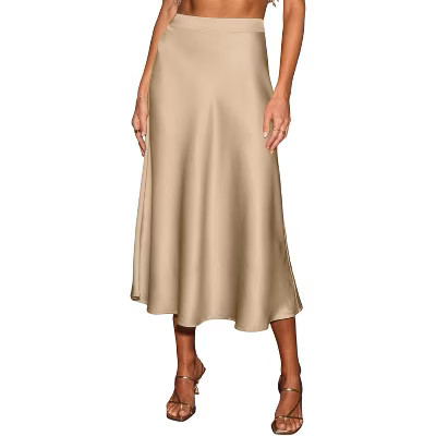 LEVEN SIXTEEN Women's Satin Midi Skirt - Flowy High Waist A-Line for Cocktail, Wedding & Vacation Outfits Beige Beige X-Large | Target