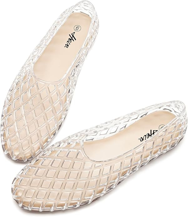 HEVA Women's Jelly Mesh Flats Breathable Clear Hollow Shoes Summer Beach Jellies Ballet Sandals | Amazon (US)