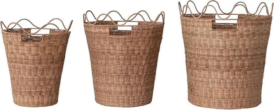 Creative Co-Op 3-Piece Hand-Woven Rattan Scalloped Baskets with Handles, Natural Finish | Amazon (US)