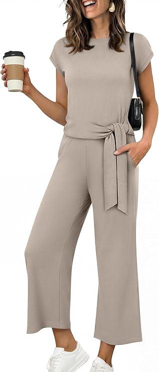 ANRABESS Women 2 Piece Outfits 2026 Summer Lounge Sets Cap Sleeve Tie Waisted Top Wide Leg Pant A... | Amazon (US)
