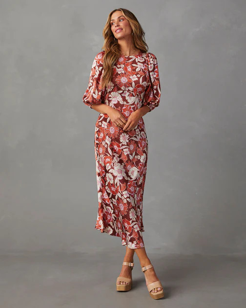 Damara Satin Floral Short Sleeve Midi Dress - Brown | VICI