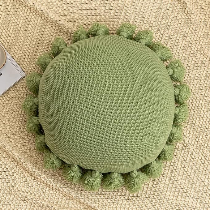 ATMOSURELY Boho Round Knitted Throw Pillow Sage Green Accent Pillow with Tassel Knit Woven Cushio... | Amazon (US)