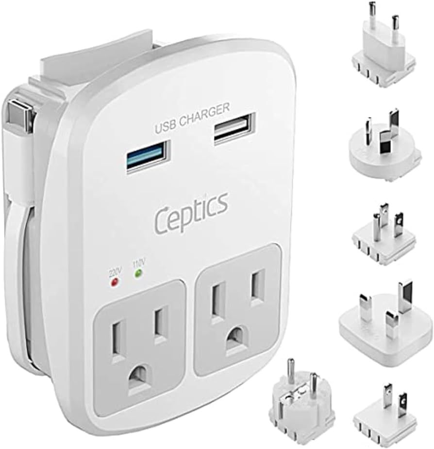 Ceptics Universal Travel Adapter Kit - 2 USB, USB-C Cord+2 US Outlets QC 3.0, Surge Protection, P... | Amazon (US)