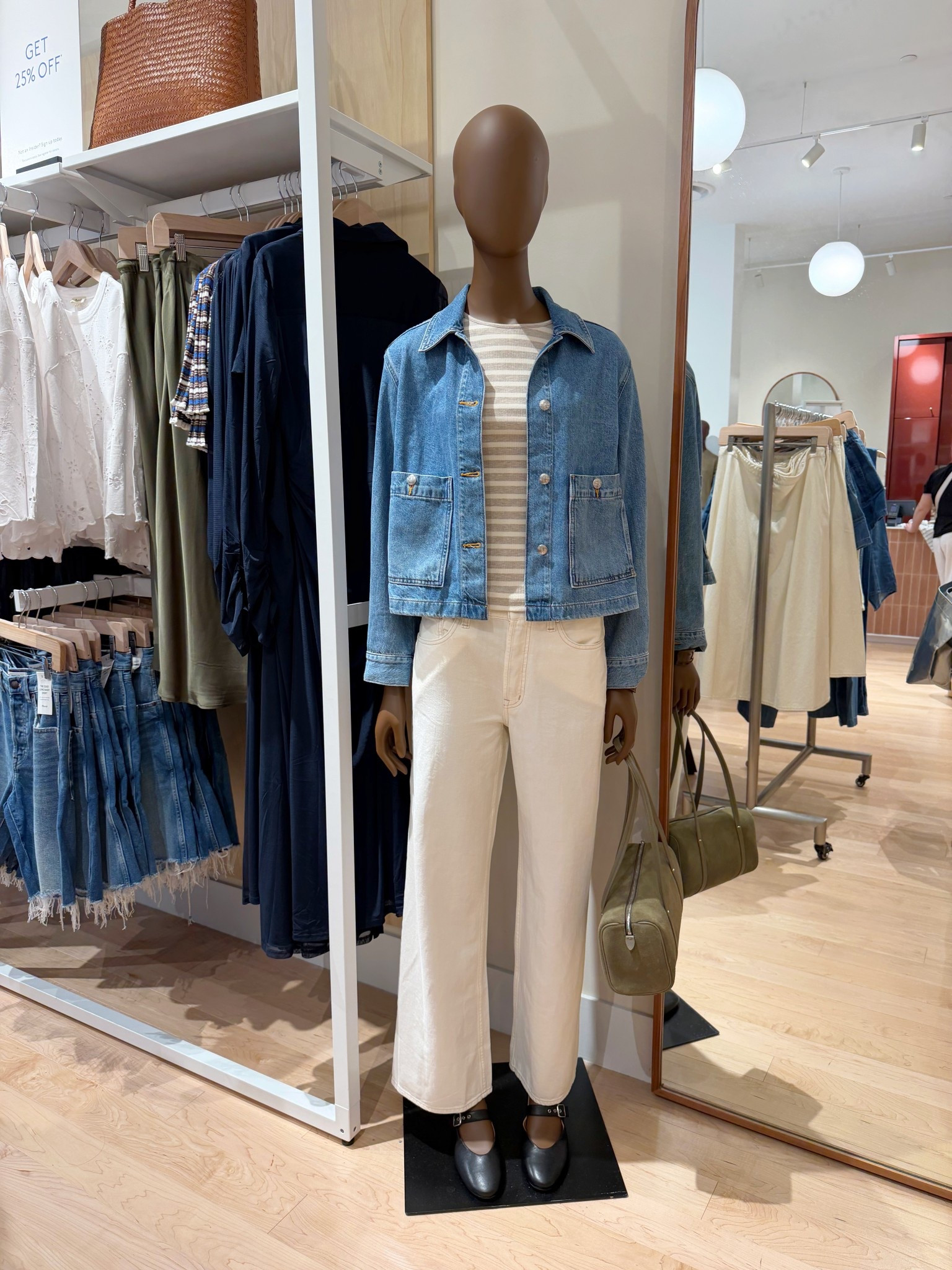 Spring outfits 2026! Love this denim jacket for spring! Such a cute updated style that looks great with these ecru jeans and a tee!  It’s on sale 25% off right now along with everything else at Madewell including these ecru jeans, striped tee, Mary Jane ballet flat shoes and olive green suede bag too! Love this whole combo! 

#LTKSaleAlert #LTKOver40 #LTKootd