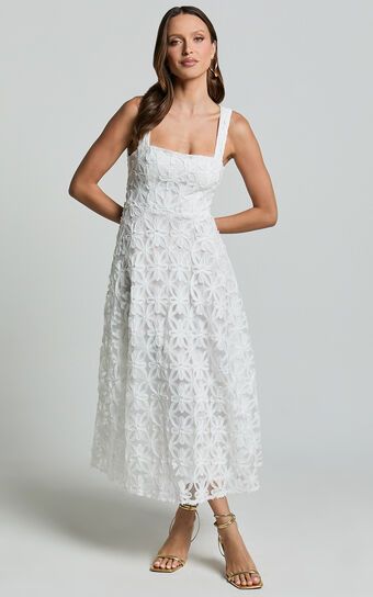 Clarissa Midi Dress - Square Neck Open Back A Line Dress in White | Showpo (US, UK & Europe)